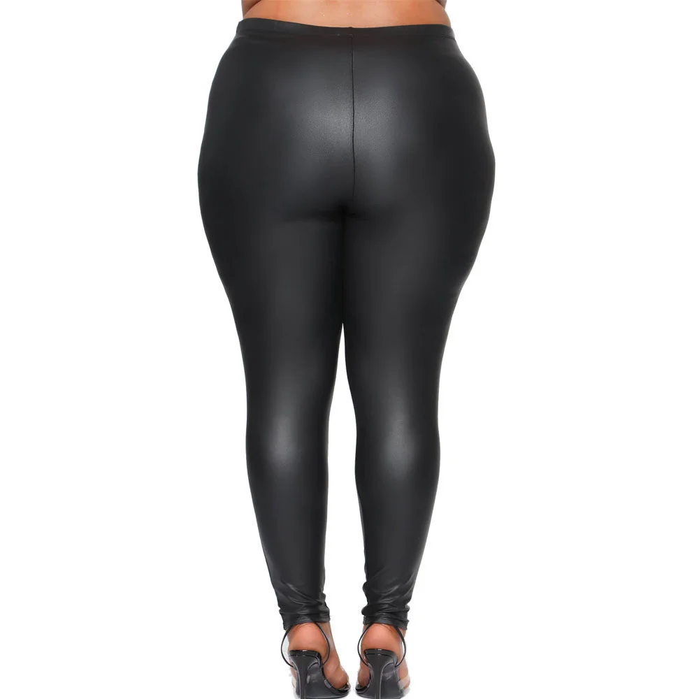 Plus Size Pu Two Piece Women Pants Sets Fashion Streetwear Half Sleeve Black Tshirt Elastic Waist Pants Whole 3xl 4xl 5xl 6xl