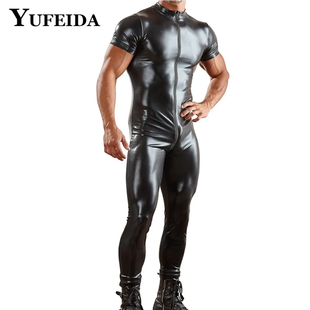 YUFEIDA Men's Leather Catsuit Shiny Leather Bodysuit Zipper Skinny Jumpsuits Sexy Gay Male Nightclub Stage Performance Costumes