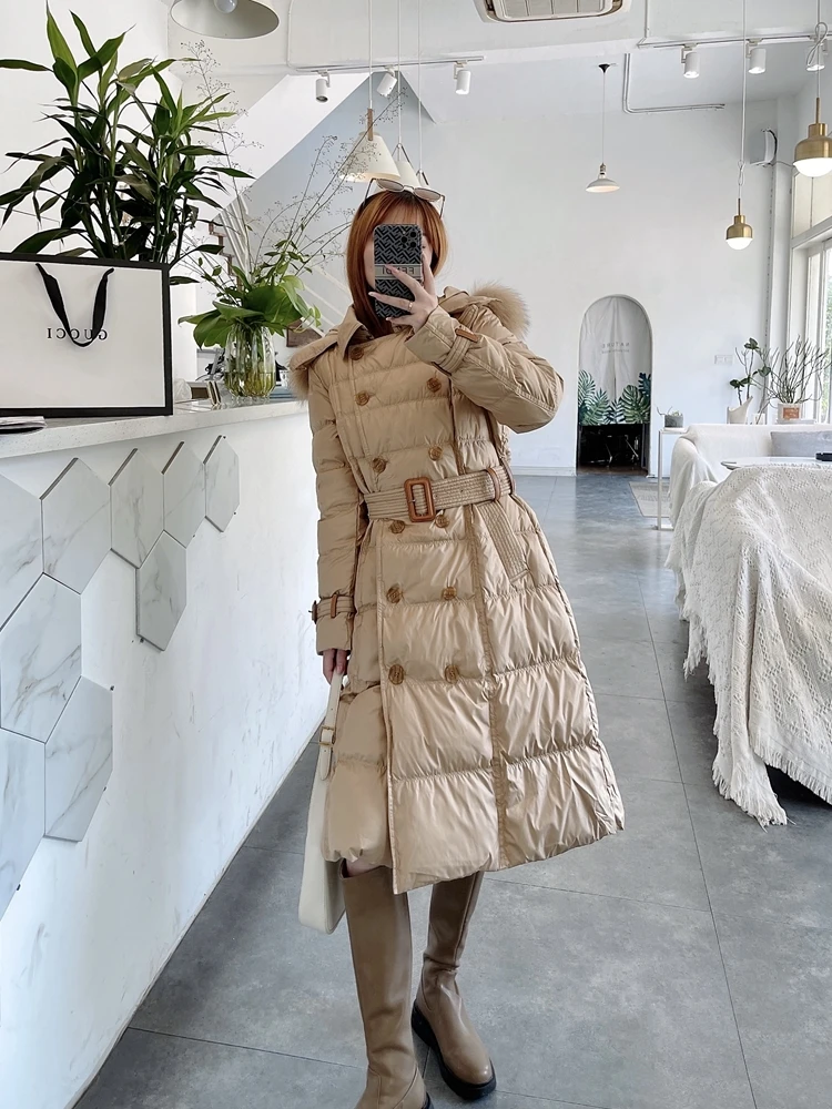 

2023 Winter Women Thicken Trench Coat Real Raccoon Fur 90% White Duck Down Jacket Female Long Hooded Puffer Parka Belt