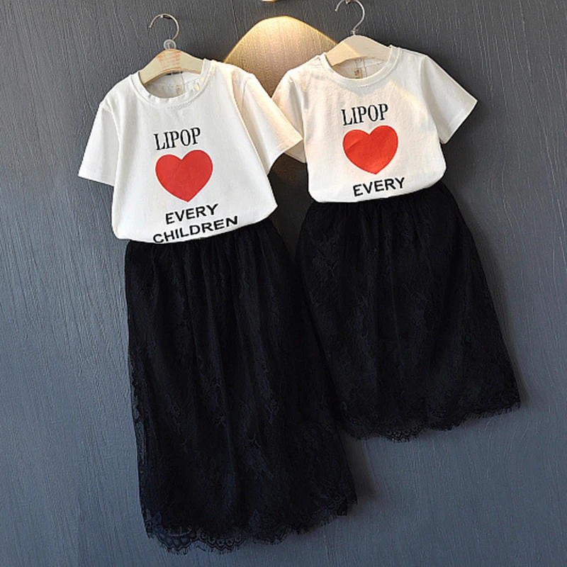 

Girls Clothing Sets 2022 Summer New Mother And Daughter Set Skirt Love Letter Short-Sleeved T-Shirt Western Suit