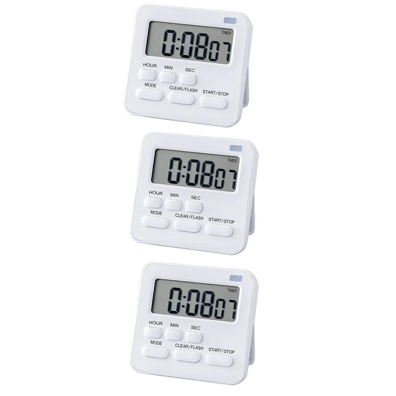 

3X Kitchen Timer,Egg Timer with Clock,Digital Timer Stopwatch with LCD Loud Alarm for Cooking,Baking, Sports,Learning