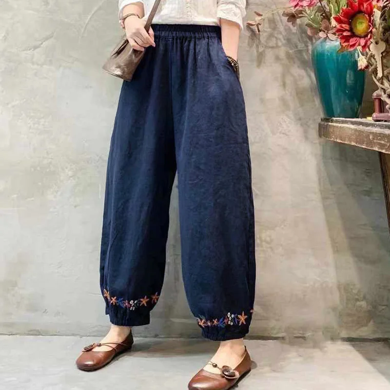 Повседневная Женская одежда свободные хлопковые льняные брюки женские