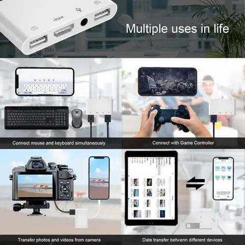 Адаптер Lightning/HDMI для iPhone, iPad/TV, OTG-адаптер с двумя USB-портами, адаптер для микрофона iPhone для прямой трансляции с зарядкой