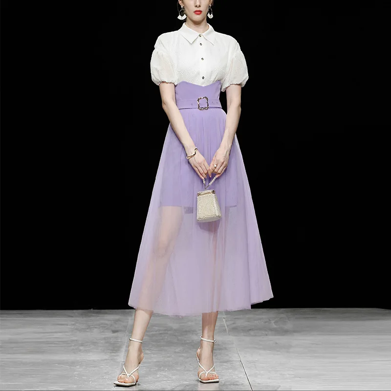 

Office Ladies Elegant Two Piece Set 2022 Summer Vintgae White Puff Sleeve Top+ Purple Skirt 2 Piece Sets Womens Outfits