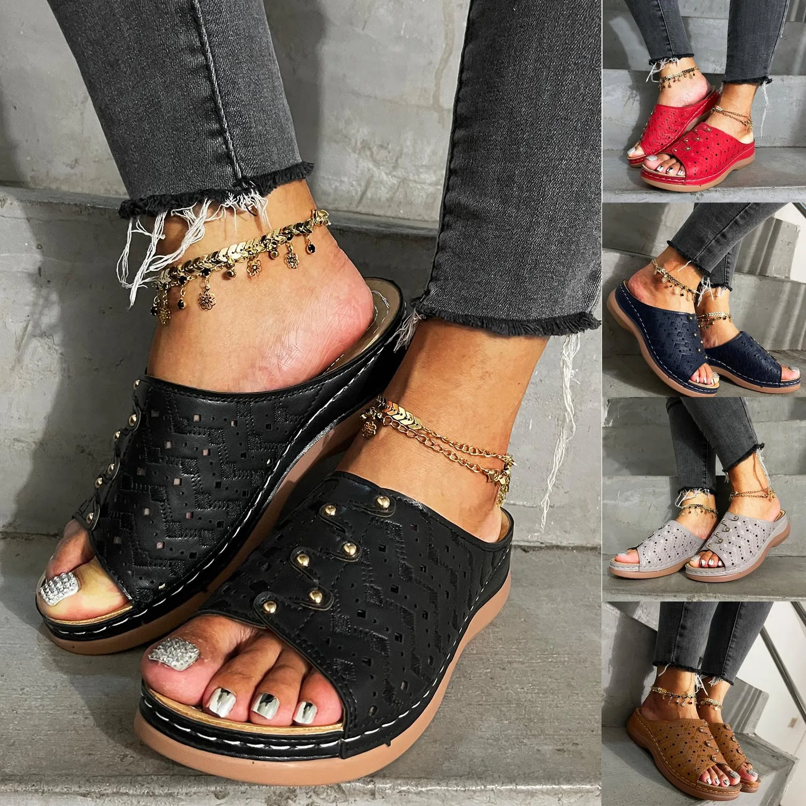 

Летние женские шлепанцы; Повседневные модные однотонные женские шлепанцы на танкетке с открытым носком; Нескользящая пляжная обувь для жен...