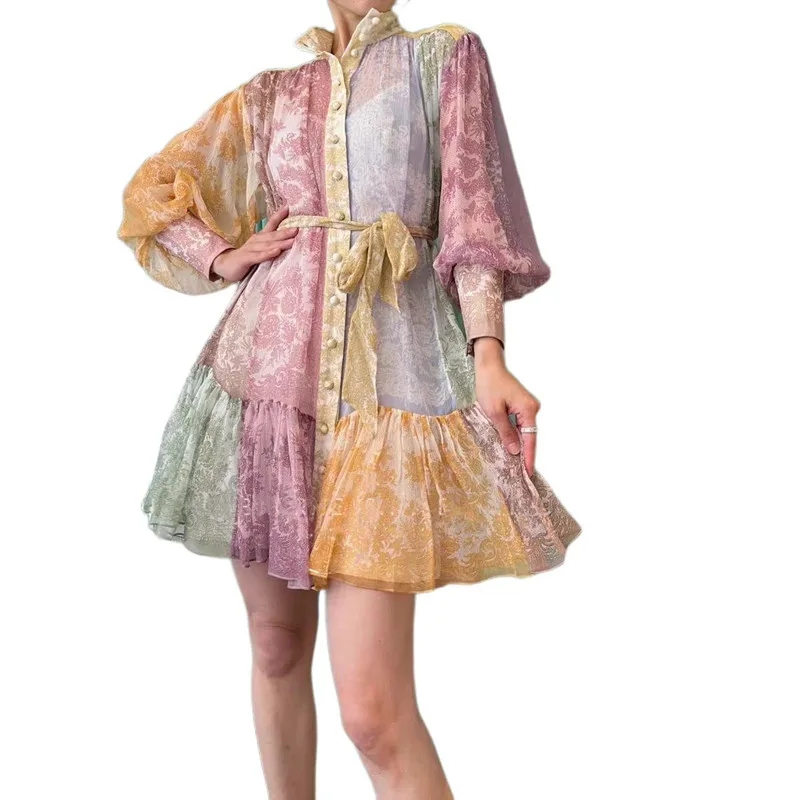 

Винтажное Сетчатое платье PERHAPS U с цветочным принтом, рукавами-фонариками, однобортное Плиссированное ТРАПЕЦИЕВИДНОЕ мини-платье, рубашка и...