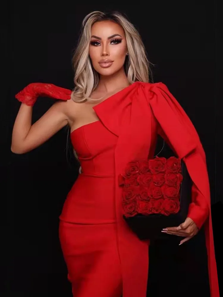 

Summer New Orange Bandage Dress Elegant Celebrity Bandage Dress Vintage Vestios Sexy One Shoulder Midi Bodyon Bandage Dress