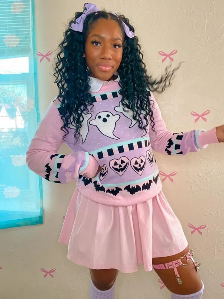 Розовый кавайный свитер Yangelo Женский трикотажный топ готический фотографический