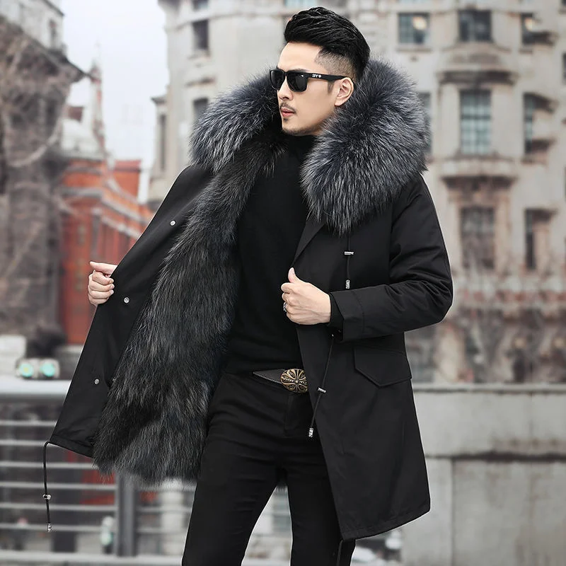 

Thick Warm Men Winter Parker Coat Medium and Long In One Thermal Fur Jacket Men's Detachable Liner