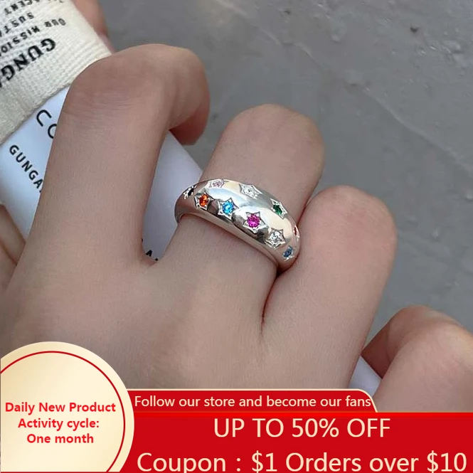 

PONYKISS 925 Silver Zircon Star Wide Face Adjustable Ring for Women Fine Jewelry Minimalist Accessories