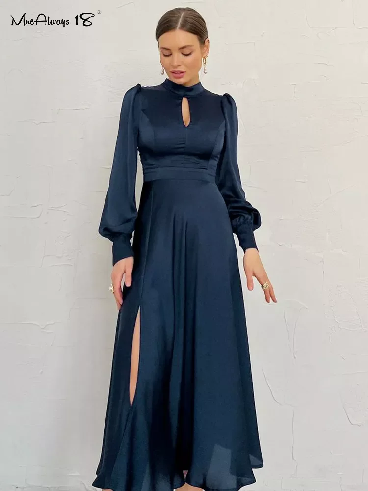 

Mnealways18 Eyelet Elegant Evening Party Satin Dress Ladies Navy Lantern Sleeve Women Midi Dress Hollow Out Keyhole Dress Spring