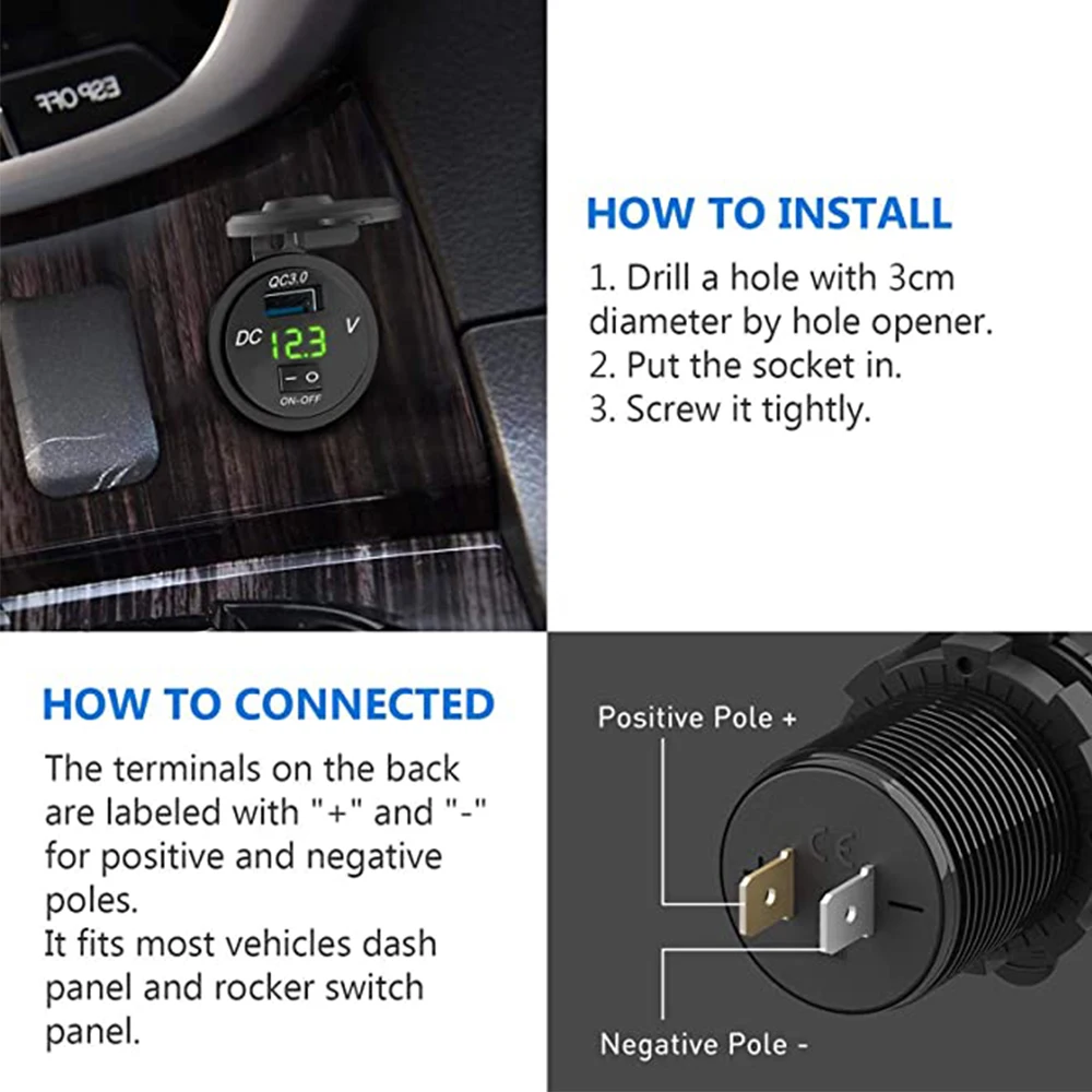 usb car charger quick charge 3 0 12v 24v cigarette lighter usb charger with switch voltage display for motorcycle truck rv free global shipping
