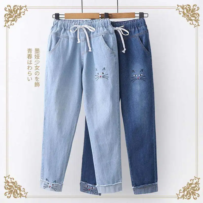 Женские джинсы с вышивкой кошки темно-светильник ние эластичные брюки из денима