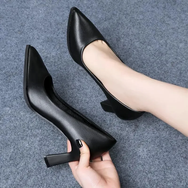 

High Heels Women Shoes Black Leather Work Shoes Ladies Office Mid-heel Formal Professional Pumps Fashion 6cm 8cm