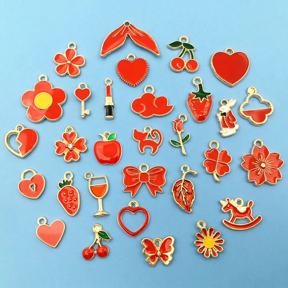 

Mix 30pcs Red Enamel Gold Plated Fashion Dainty Dangle Charms Cute Pendant for DIY Necklace Earring Jewelry Making Accessories