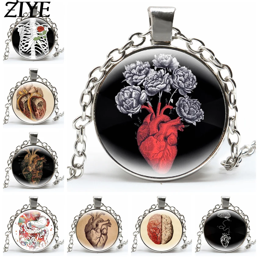 

Medical Human Organs Brain Meridian Kidney Art Necklace Fashion Punk Alloy Glass Dome Pendant Neck Chain Women Men Jewelry Gifts