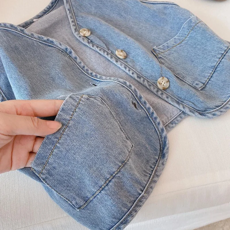 Spring Autumn Unisex Bebe Jeans Sleeveless Jacket Outerwear Toddler Tops Children Clothes Boys Denim Vest Brother Sister Outfit