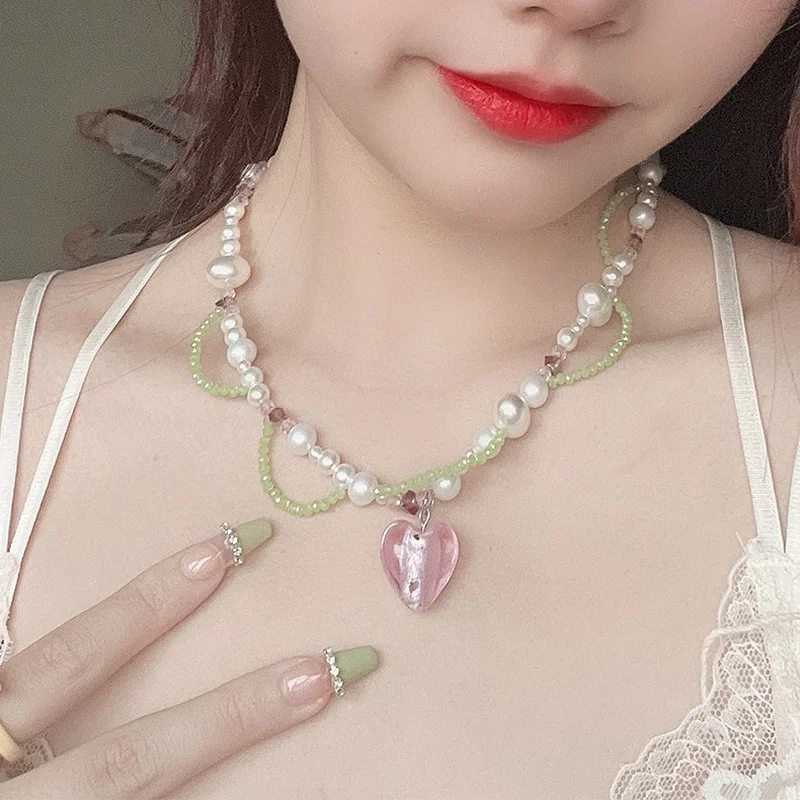 

Minar Romantic Pink Color Glass Heart Pendant Necklaces for Women Double Layered Beads Simulated Pearls Chokers Necklace Gifts