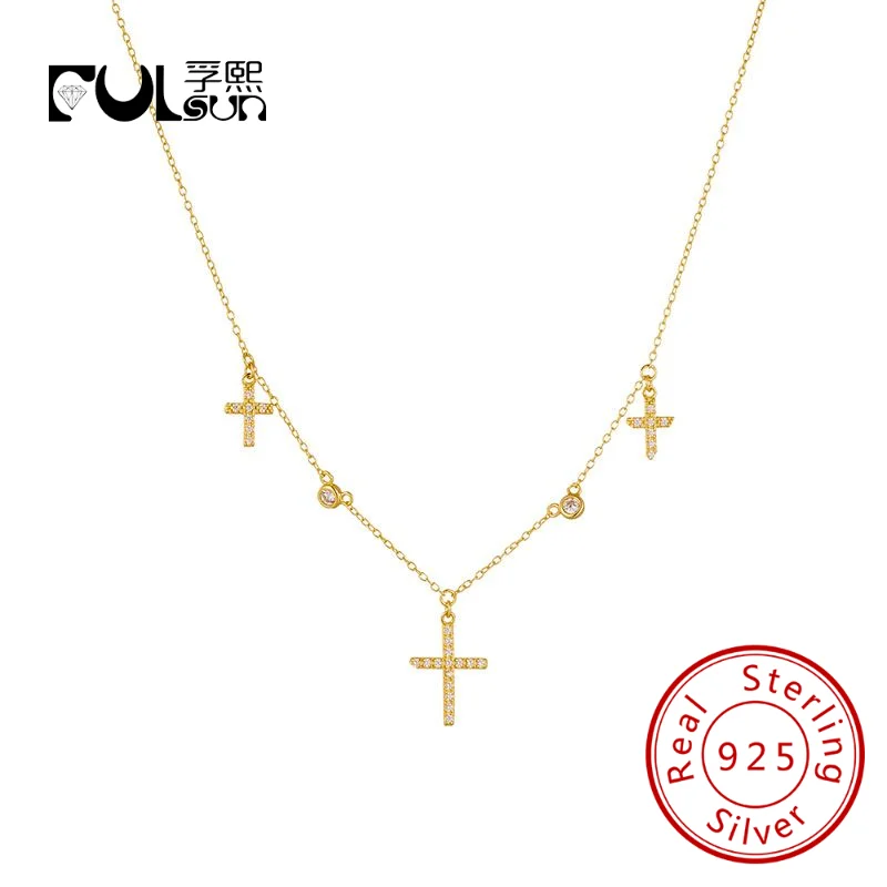 

Hip Hop Cross Charm Station Necklace 925 Sterling Silver 18k Gold Plated Fine Jewelry