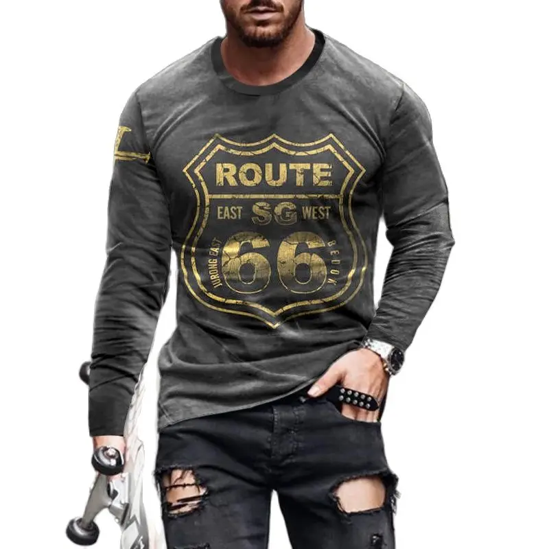 

Spring Autumn Men's T-shirt Oversized Loose Clothes Vintage Long Sleeve America Route 66 Letters Printed O Collared 5XL T Shirts