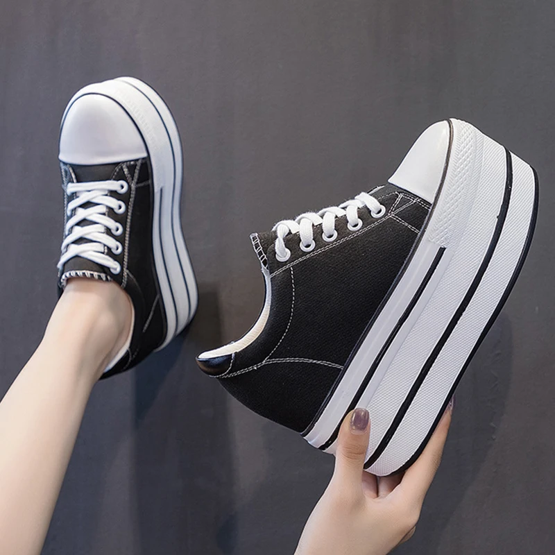 Chunky Sneakers Genuine Leather New Wedge Platform Breathable Hollow Vulcanized Summer Fashion Lace Up Ladies female Shoes