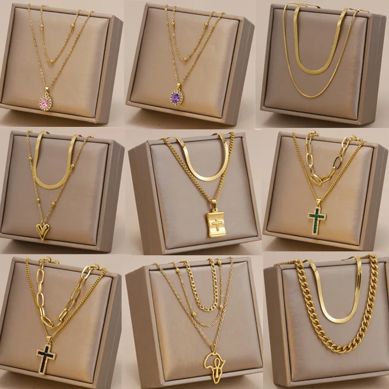 

Colorfast titanium steel 18K multilayer love eye necklace emerald cross pendant necklace snake bone chain blade