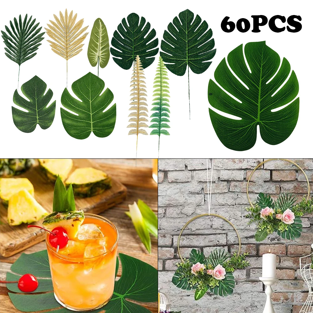 60pcs artificial tropical palm leaves hawaiian luau party summer jungle theme party decoration wedding birthday home table decor free global shipping