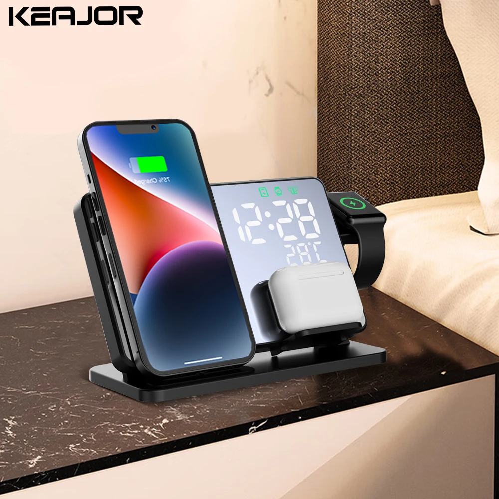 Wireless Charger 3 in 1 For iPhone 14 13 12 Pro Max Fast Charging Station For Apple Watch Series 8 7 Chargers With Alarm Clock