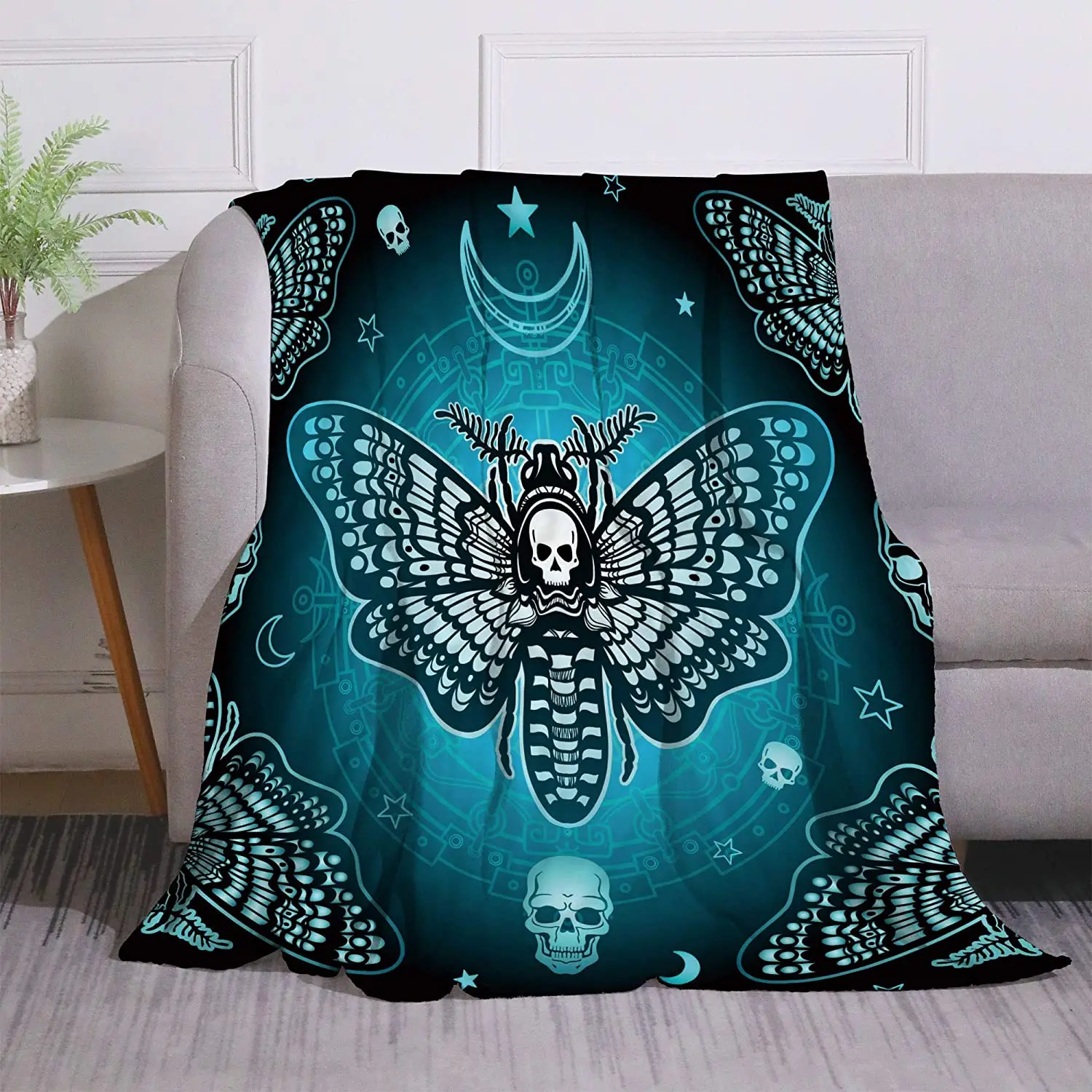 

Moth Dead Head Mystical Pattern with Skull Moon Stars Throw Blanket Cozy Warm Soft Blanket for Bed Couch Travelling Camping