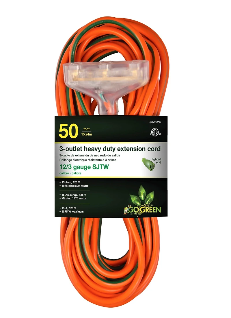 

(GG-15250) 12/3 50’ SJTW 3-Outlet Heavy Duty Extension Cord, Lighted End, 50 Ft