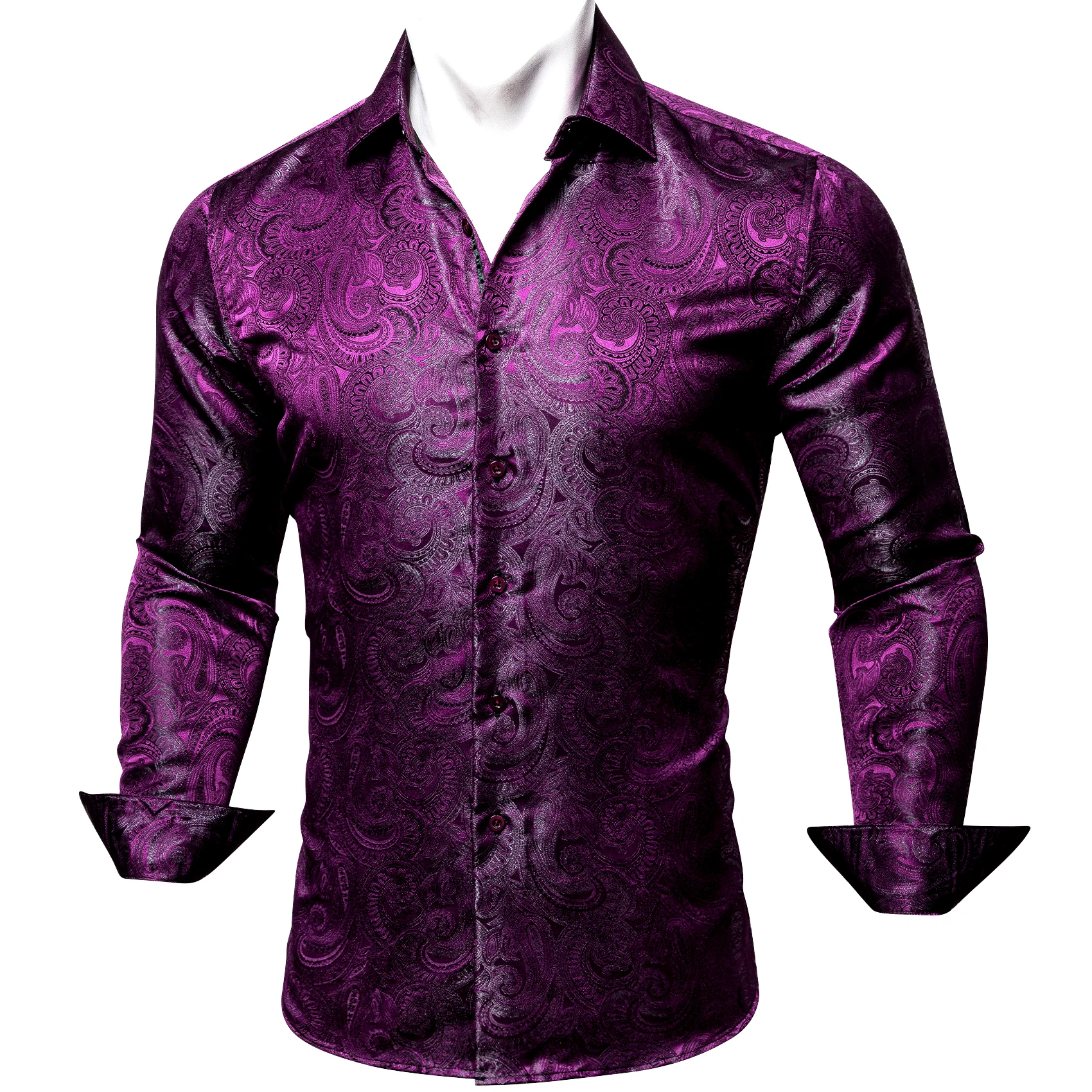 New Purple Men Silk Shirt Spring Autumn Long Sleeve Floral Lapel Shirt Casual Fit Set Party Wedding Business Male Barry.Wang