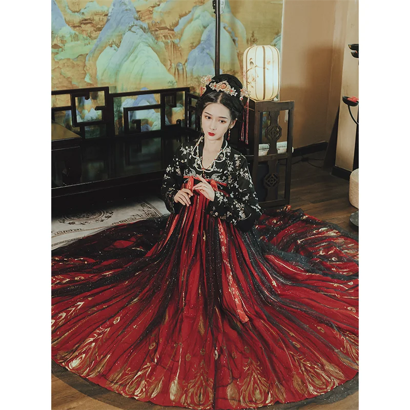 Традиционное китайское платье черный топ и юбка комплект Красного халата