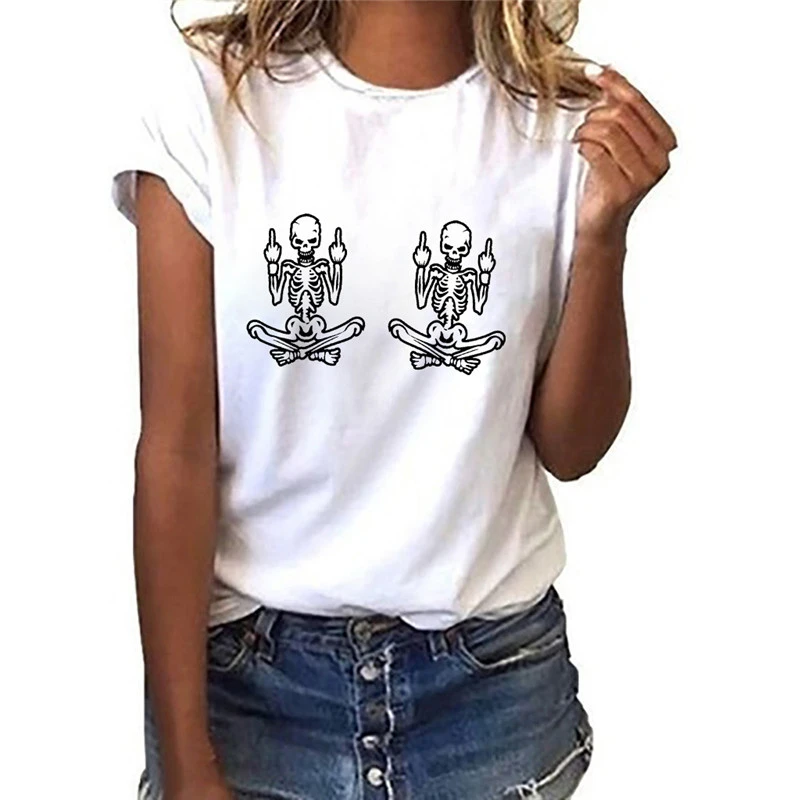 

Women T shirt Summer Skull Middle Finger harajuku Print Ladies Tshirts Short Sleeve Casual Streetwear Tee Shirt Femme Tops