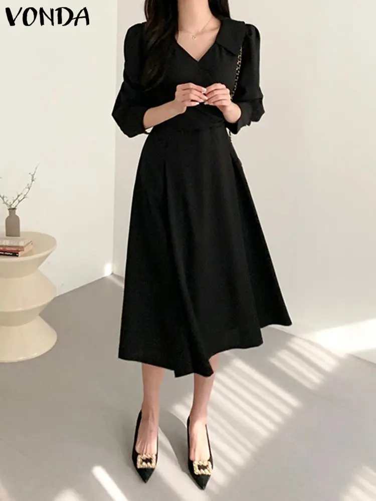 

VONDA Elegant Shirt Dress Women 2023 Summer Solid Color Lapel Casual 3/4 Puff Sleeve Sundress Pleated Streetwear Vestidos