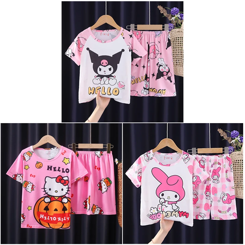 

Милые детские летние шорты с коротким рукавом и героями аниме Sanrios My Melody Kuromi HelloKittys, домашняя одежда для мальчиков и девочек, Пижамный костюм