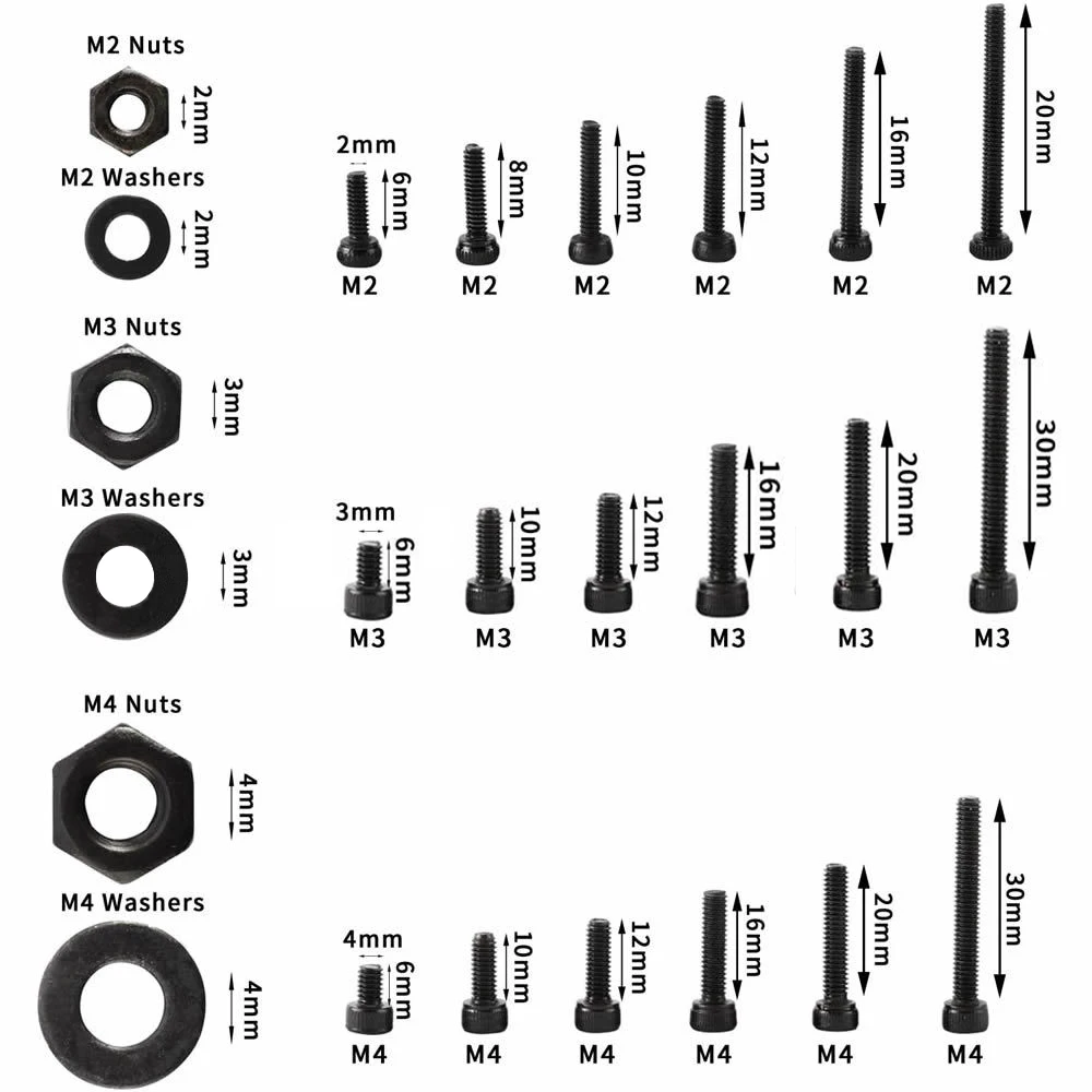 1200PCS M2 M3 M4 Hex Hexagon Socket Screw Set Black Carbon Steel Allen Head Cap Screws Bolts and Nuts Washers Assortment Kit |