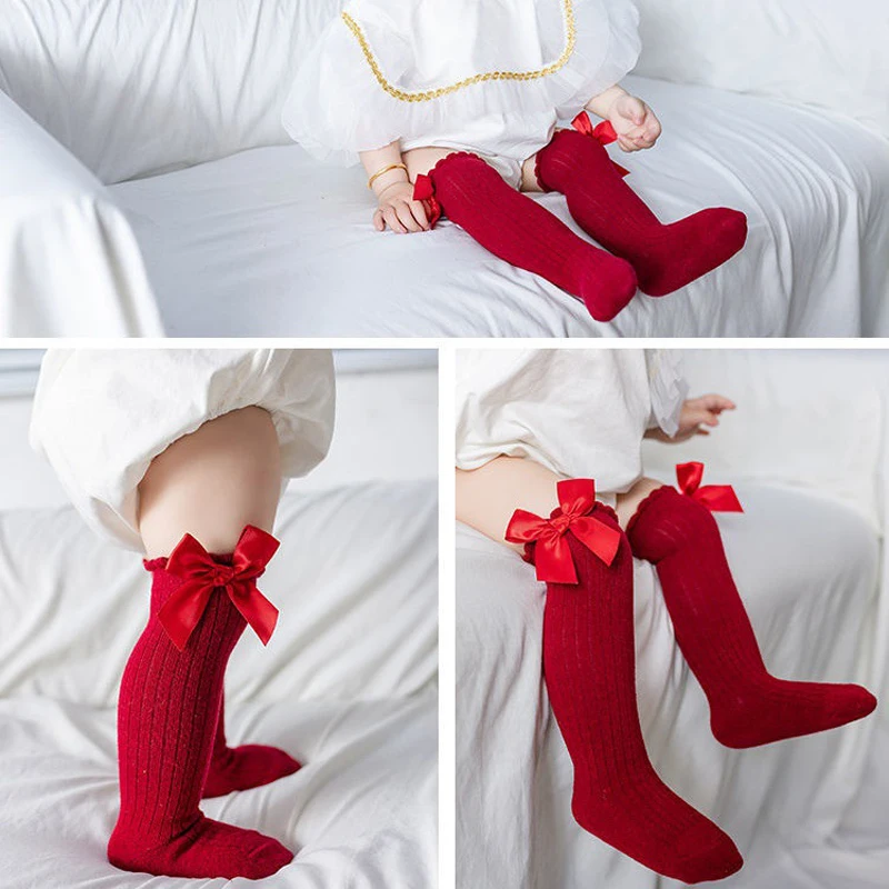

Autumn Winter Baby Socks Cute Big Bows Soft Cotton Newborn Baby Girl Socks Solid Color Infant Toddler Knee High Long Socks