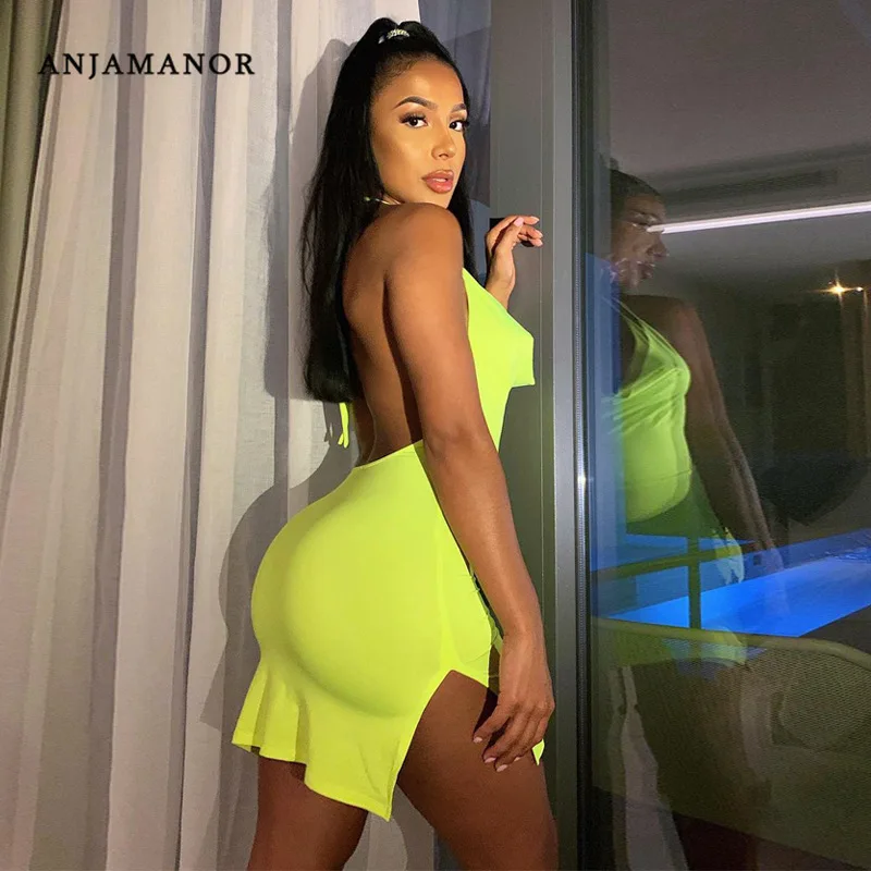 

ANJAMANOR Sexy Summer Dresses for Women 2021 Club High Split Open Back Halter Mini Bodycon Dress Womens Clothing Sale D70-AI14