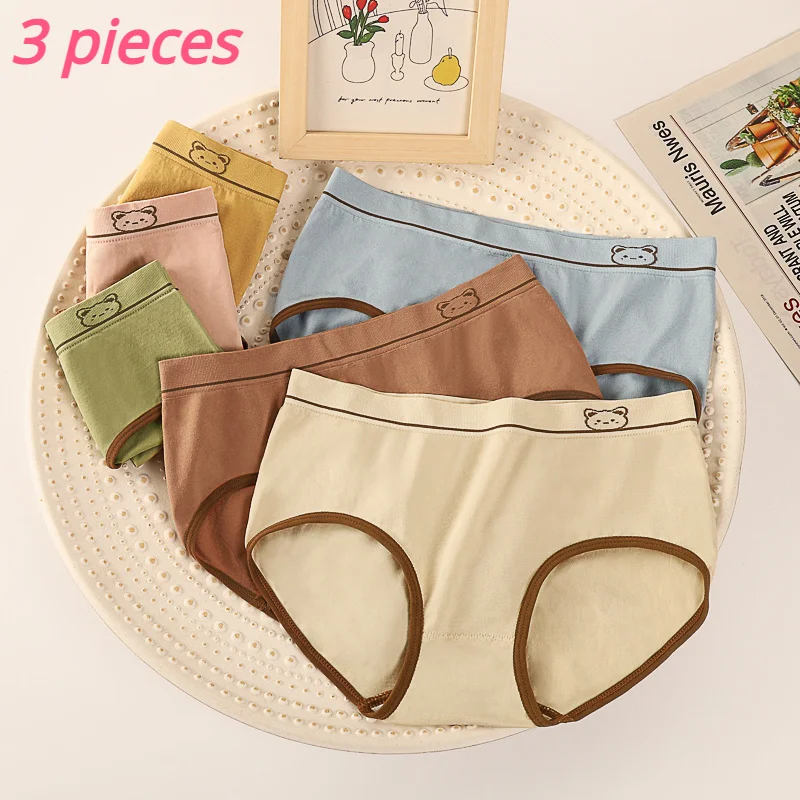 3Pcs/Set Japanese Cute Briefs Mid Waist Seamless Underpants Cute Little Bear Printing Pure Cotton Crotch  Comfortable Panties