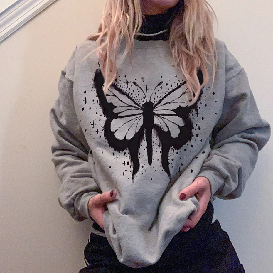

Vintage Y2k Casual Sweatshirt Women Mall Goth Streetwear Grunge Butterfly Print Graphic Long Sleeve O-neck Loose Pullover Hoodie