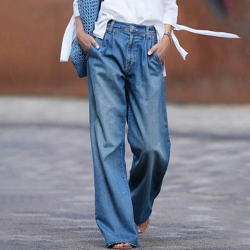 

2023 New Fashion High Waist Women's Loose Make Old Jeans Vintage Denim Trousers Blue Wide Leg Ladies' Work Pants