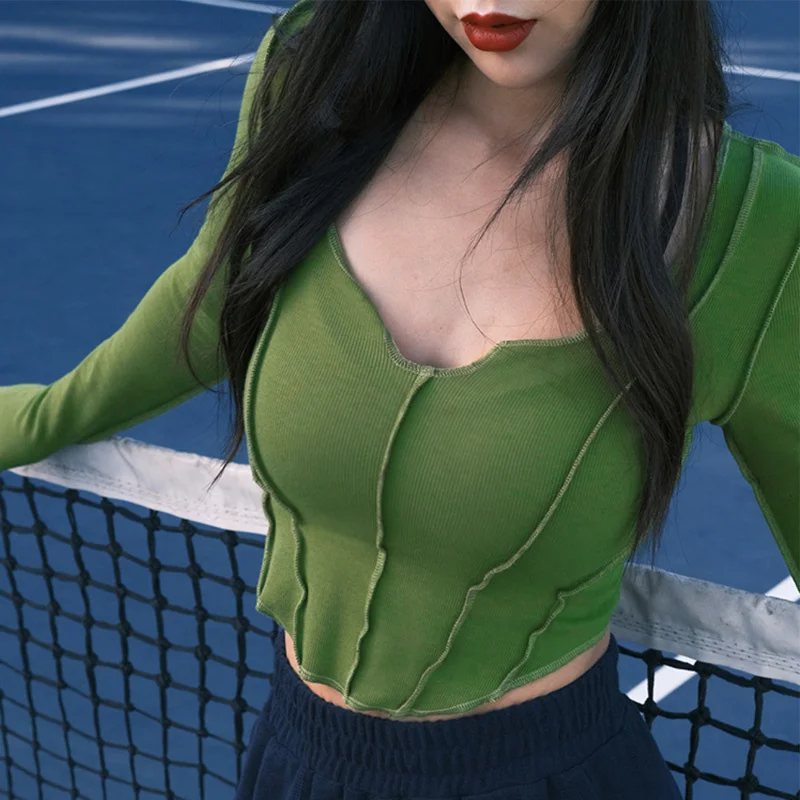 

Women's Solid Color Long Sleeve Versatile Slim Fit Cutout T-shirt Underlay Fashion V434