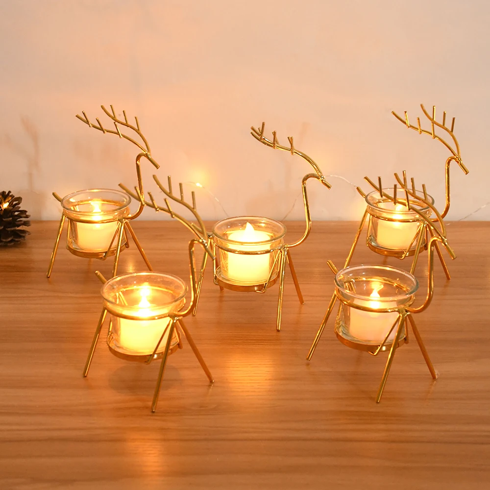 

Christmas Iron Deer Candlestick Reindeer Tealight Metal Wrought Candle Holder Stand Rack Base Table Ornament For Xmas Home Decor
