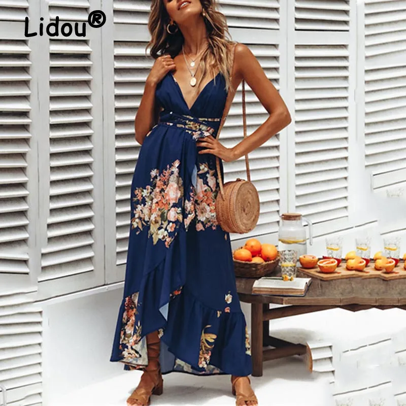 

Summer Women Beach Holiday Floral Printed Spaghetti Strap Dress Sexy Deep V Neck Backless High Waist Split Slim Maxi Dresses 5XL