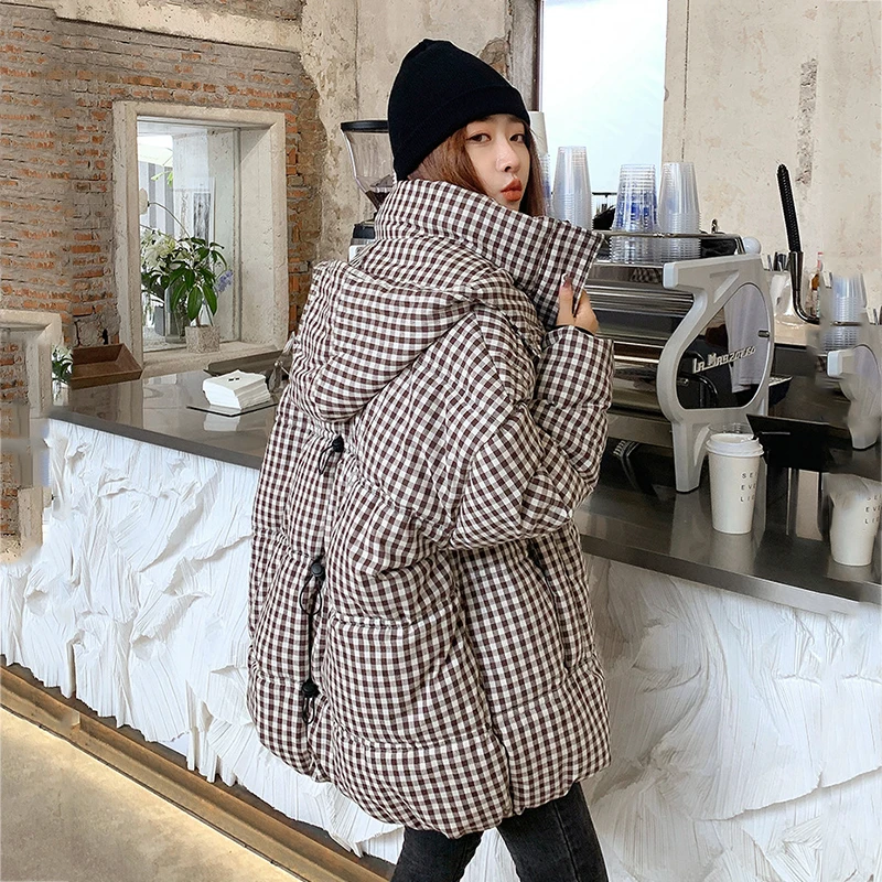 Harajuku Ins Plaid Hooded Parka Winter Jacket Women Coat 2022 New Korean Fashion Female Oversized Thick Warm Casual Loose Jacket