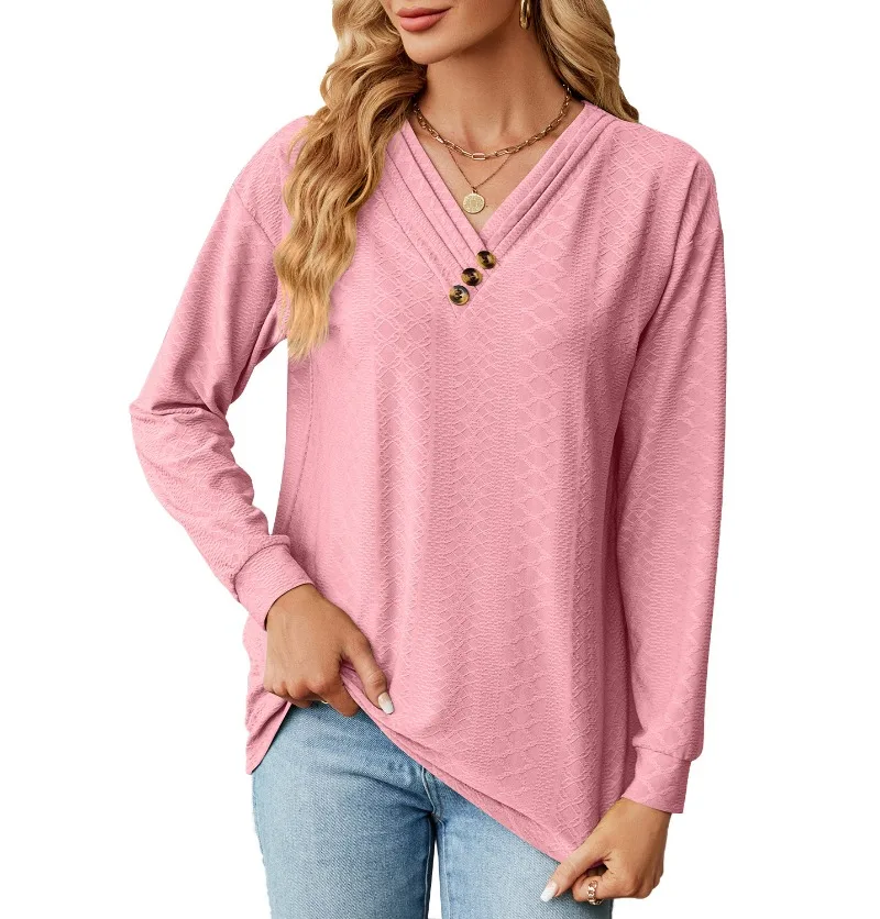 

Женская Винтажная футболка с длинным рукавом, Повседневная модная Однотонная футболка на пуговицах с V-образным вырезом, Новинка осени 2023, свободные футболки