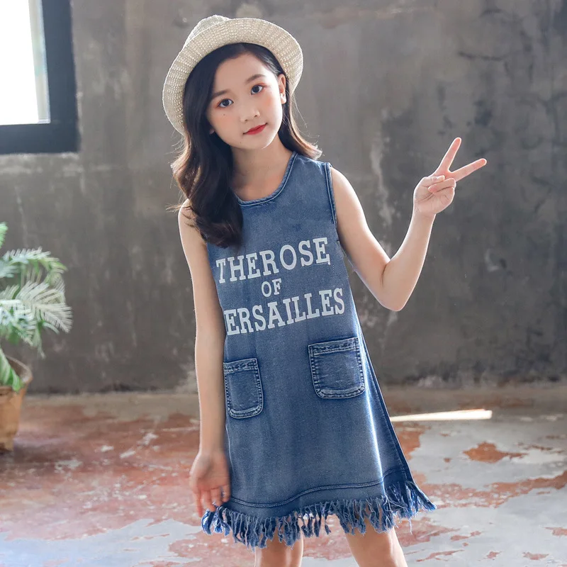 

Fashion Casual Kids Girls Clothing Summer Denim Vest Dress Blue Sleeveless Tassels Children Girl Clothes Dresses 120-160