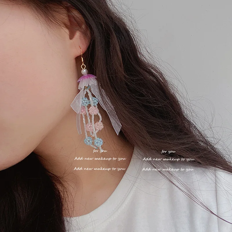 

Handmade Tassel Crystal Flower Dangle Earrings Ribbon Earrings Brincos