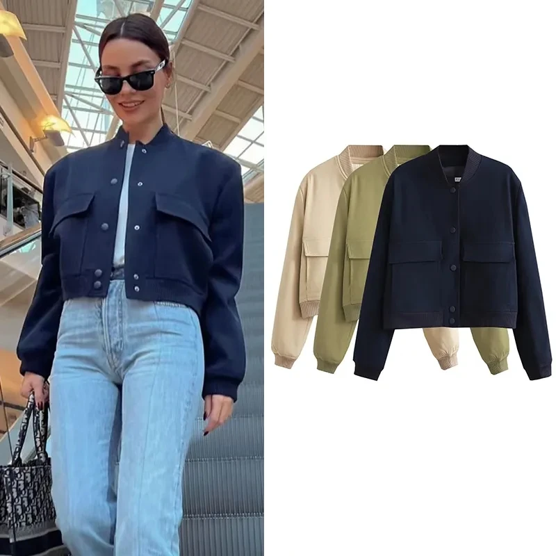 

Za Spring Jacket New Women Dark Blue Cropped Jacket Fashion Elegant Street Women Jacket Chic Coats Top Loose Holiday Youth Jacke