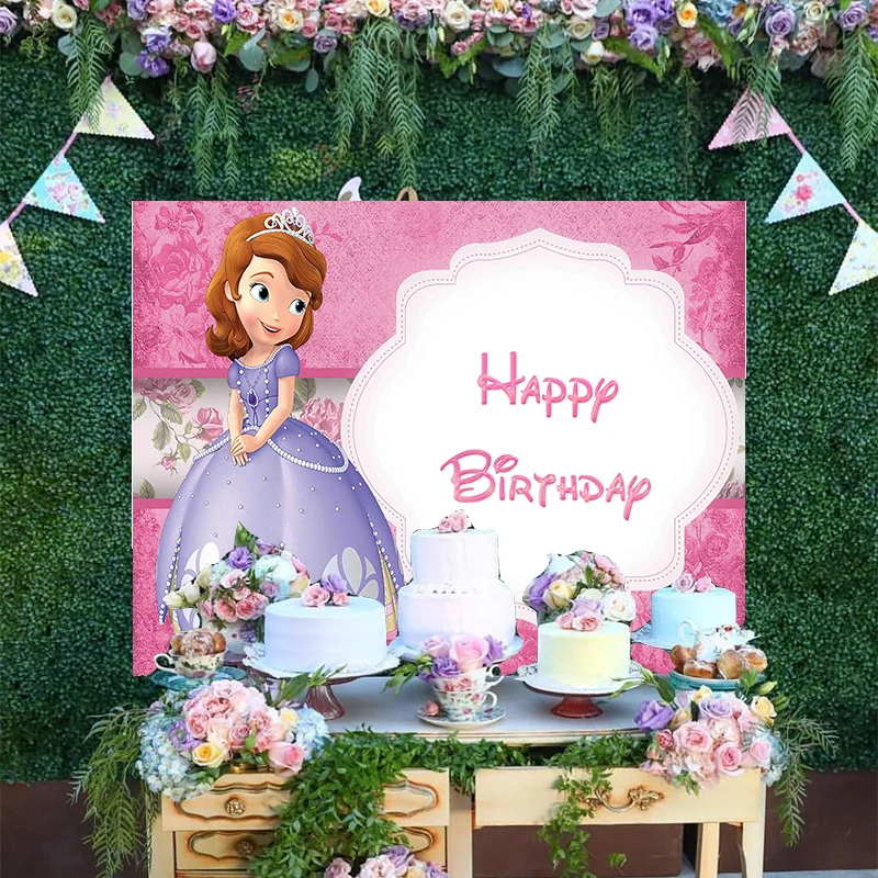 

Disney Cartoon Romantic Rose Photo Backdrop Cute Little Princess Sofia Birthday Party Decoration Photography Backgrounds Banner